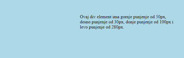 Ukupna veličina elementa div se povećala zbog postojanja punjenja. Sam sadržaj zauzima podrazumevanu veličinu za blokovske elemente.
