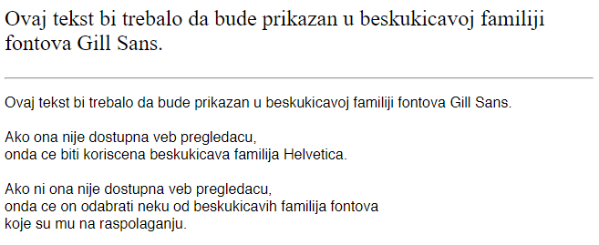 Primer navođenja familija fontova za tekstualni sadržaj.