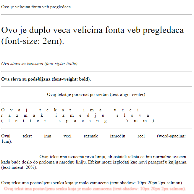 Primer korišćenja različitih svojstava za stilizovanje teksta i dužina.